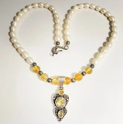 Collar colgante vintage de plata de ley 925 con cuentas de agua dulce y citrino Foto 1 de 4