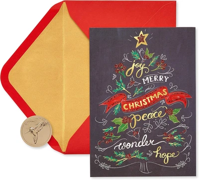 Tarjetas de Navidad de 14 unidades con sobres, diseño de árbol de vacaciones, lámina roja y dorada, B Foto 1 de 4