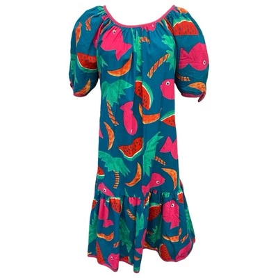 80s Blue Multi Graphic Novelty Print Fish Watermelon Muumuu Style Dress Womens M - Image 1 of 4