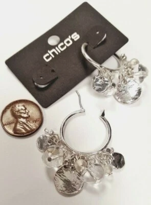 CHICO'S SILVER HOOP DANGLING CHARMS HIPPIE BOHO EARRINGS ON RETAIL CARD V219 - Image 1 of 2