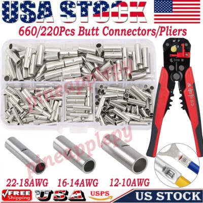 660PCS Bare Copper Ferrule Wire Crimp Butt Terminals Connectors 22-10 AWG+Pliers - Image 1 of 4