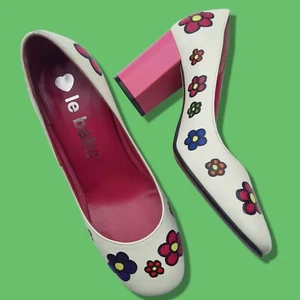 Le Babe Mod Floral Chunky Heels White Pink Leather Pumps Size 38 US 7.5 Italy - Bild 1 von 12