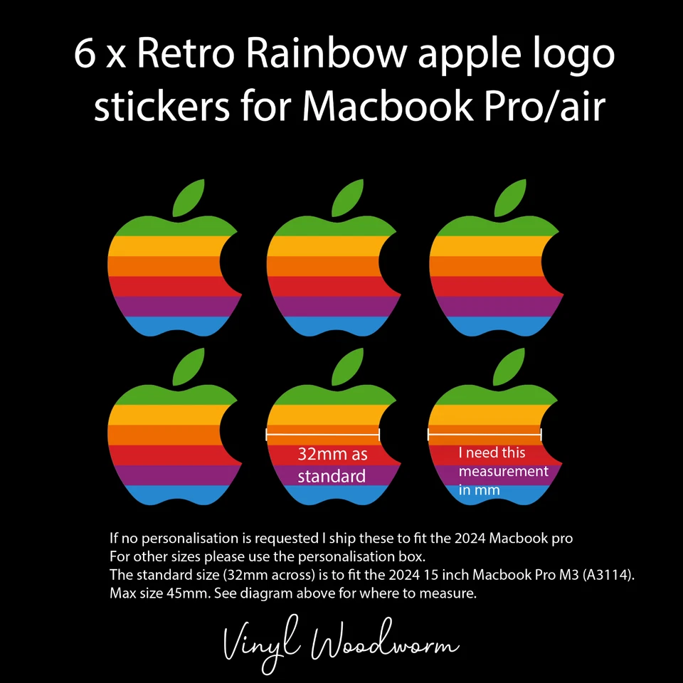 6 x Classic Retro Rainbow Logo Stickers For 11 12 13 Apple Macbook Air Pro M3 M4 - Image 1 of 2