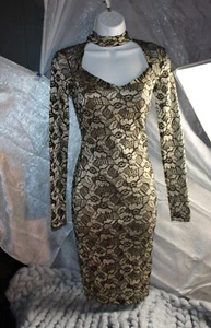 GOLD & BLACK FLORAL LACE & STRETCHY LONG ELEGANT CLASSY EDGY EVENING GOWN/DRESS - Picture 1 of 5