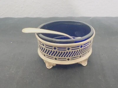Sterling silver salt cellar with cobalt blue glass insert and sterling spoon - Image 1 of 3