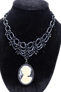 Vtg Princess Length Bib Necklace Black Rhinestone Cameo Sillouette Pendent - Picture 1 of 11