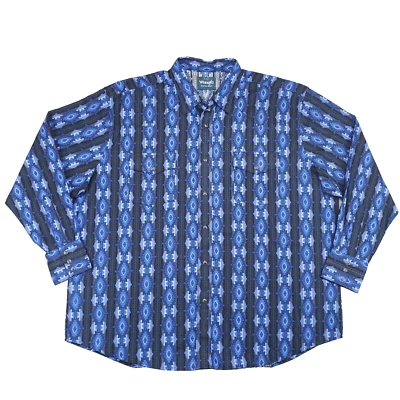 Vintage Wrangler Checotah Western Shirt Mens 2XL Blue Rodeo Aztec Pearl Snap - Image 1 of 4