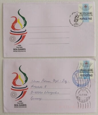 BRUNEI aerogramme cover lot of 2 used Sea Games 1999, 2008 Jabatan to Weingarten - Image 1 of 2