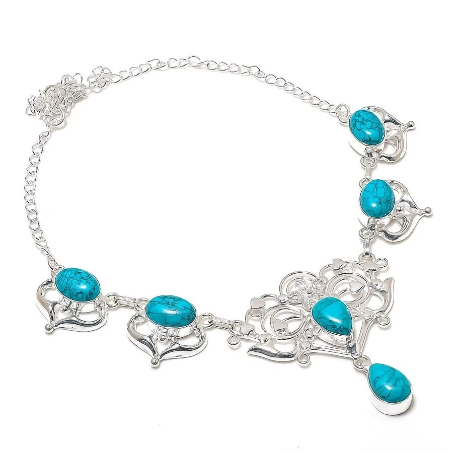 Feroza Turquoise Gemstone Handmade 925 Sterling Silver Jewelry Necklace Size 18" - Image 1 of 1