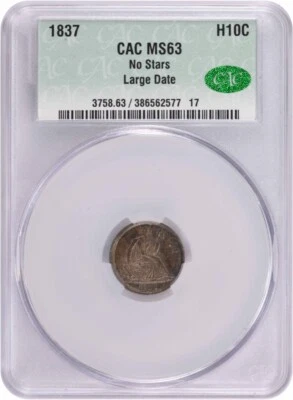 1837 Liberty Seated Silver Half Dime No Stars Large Date MS63 CACG - Image 1 of 4