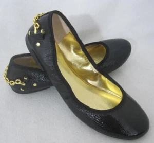 Ralph Lauren Black Patent Leather Flats w/ Gold Chain Accent Size 6.5 - Picture 1 of 6