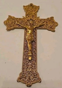 FILIGRANA DE METAL DORADO CRUCIFIJO COLGADO EN LA PARED 6 3/4" X 4 1/4 GALLO CO N Y - Imagen 1 de 6