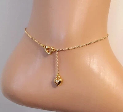 Hermosas tobilleras para mujer con eslabones de corazón y colgantes de oro amarillo sólido de 10K Foto 1 de 3