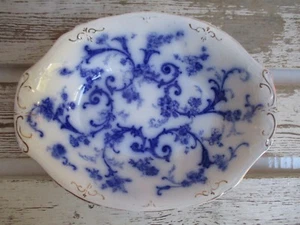 Ridgways Gainsborough Flow Blue Oval Serving Bowl 10" Gold Trim - Picture 1 of 7