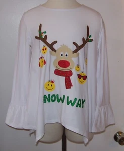 Derek Heart Girl White Snow Way Glittered Reindeer Smiley Shirt Sz M 10-12 - Picture 1 of 3