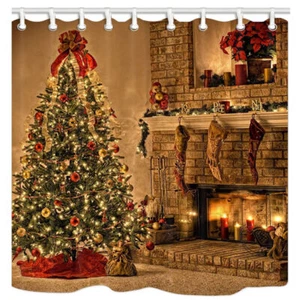 Christmas Tree Fabric Shower Curtain Waterproof Retro Bathroom Decor with Hooks - Picture 1 of 7
