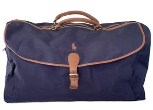 Polo Ralph Lauren Duffle Bag Navy Blue Brown Faux Leather Weekender Overnight - Imagen 1 de 12