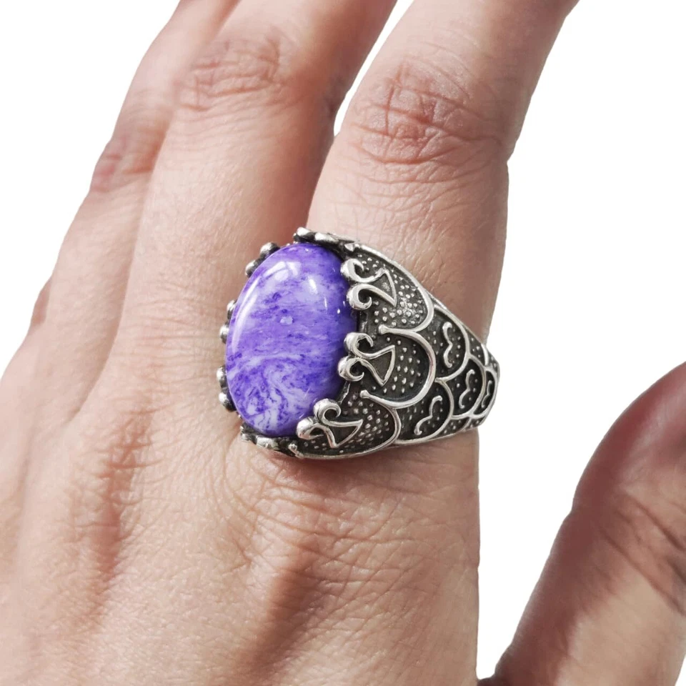 NATURAL CHAROITE GEMSTONE 925 STERLING SILVER ARABIC STYLE MENS HEAVY RING — 第 1/4 张图片