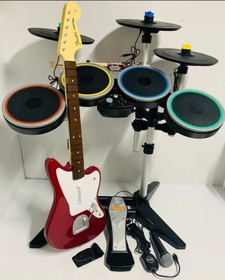 Xbox One Rock Band 4 Bundle *Drums*Pedal* Stix*3x Cymbals*Fender Jaguar RED*Mic - Image 1 of 4
