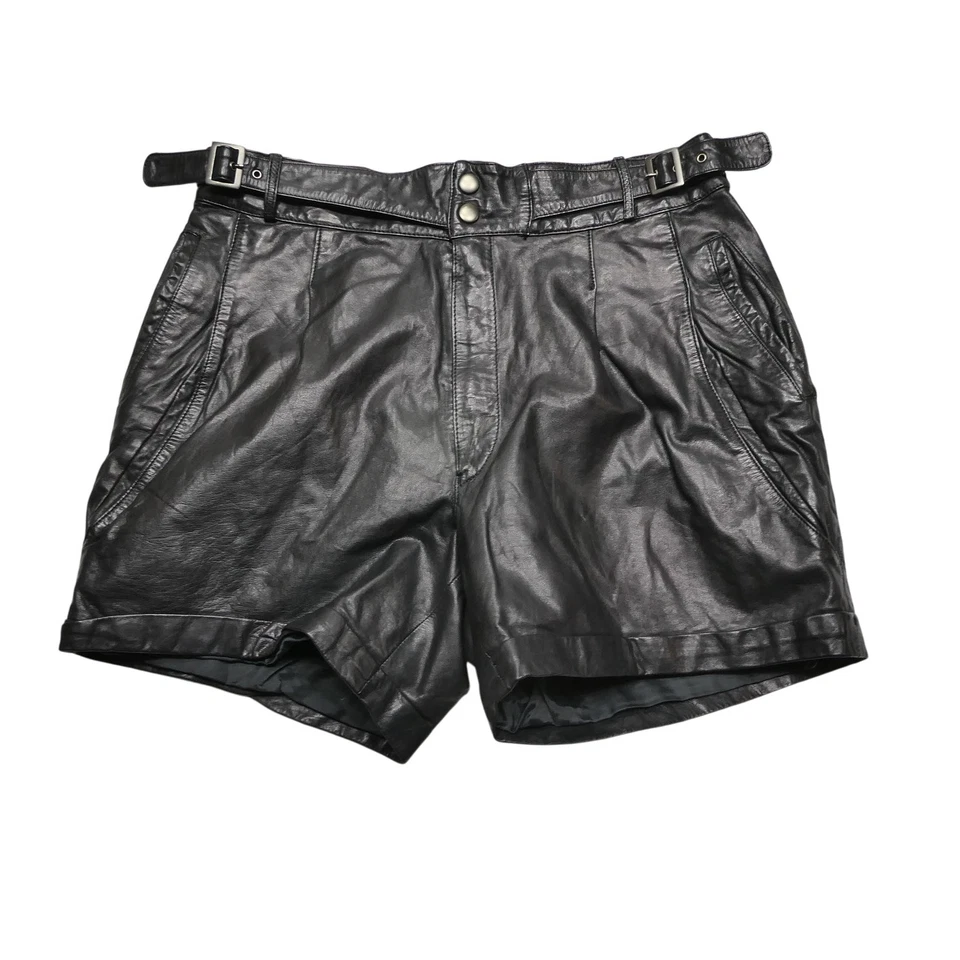 Винтажные металлические шорты размер средний черная кожа высокая талия подпоясанный плиссированные 80-х - Изображение 1 из 4