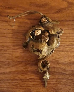 Christmas Ornament Rustic Mary Jesus Joseph Wood Look Resin Suede String 7x4.5" - Picture 1 of 7