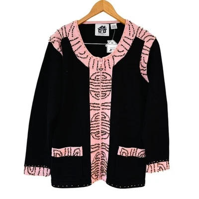 Storybook вязаный бисером кардиган свитер черный розовый отделки ретро причудливый Sz L новый с Ярлыками - Изображение 1 из 4
