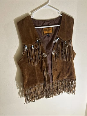 Chaleco occidental de cuero marrón para mujer con cuentas de flecos conchos 2 bolsillos interiores Foto 1 de 4