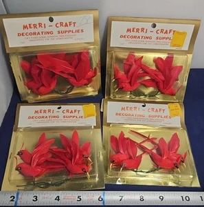 VINTAGE 1960's New Old Stock CHRISTMAS RED FLOCKED BIRDS CARDINALS Packs of 4 - Picture 1 of 3