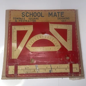 Kinder School Mate Zeichenset - Lineal, Quadrat & Winkelmesser, Metall 40er Jahre - RAR - Bild 1 von 6