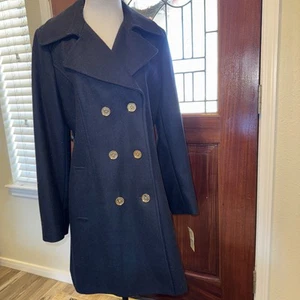 NWT Navy Michael Kors Women's Soft Wool Coat Large Logo Buttons Very Nice - Picture 1 of 17
