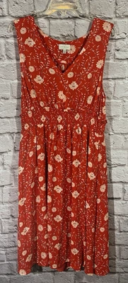 Lucky Brand Dress Women XL Red Floral Pullover Midi Peasant Smocked Pockets - Image 1 of 4