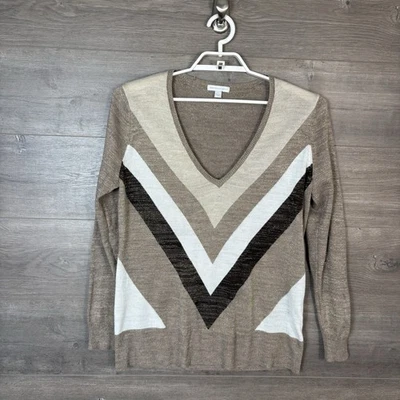 New York & Company Women's Size XL V-Neck Sweater Tan Striped Long Sleeve - Image 1 of 4