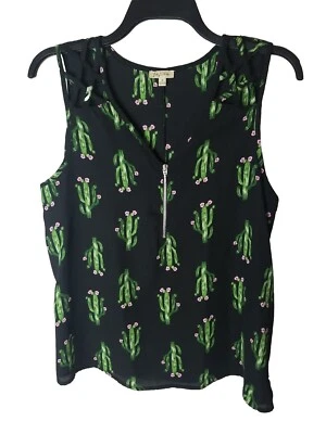 Lily White Womens Sleeveless Half Zip Top Cactus Print Sz Medium - Image 1 of 4