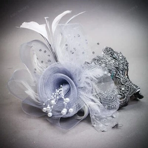 Elegant Grey Lace Masquerade Mask with Feathers For Masquerade Ball Prom Party - Picture 1 of 4