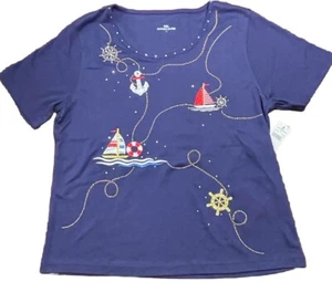 NWT Women’s Cruise Beach XL Blue Embroidered Sailboat Short Sleeve Shirt $27 - Picture 1 of 7