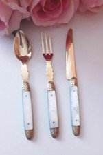 TRIS POSATINE DA DOLCE MADREPERLA FORCHETTINA COLTELLINO CUCCHIAINO VINTAGE RARI