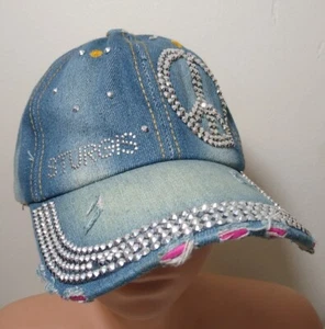 Sturgis Motorcycle Rally Denim Distressed Bling Peace Women's Adjustable Hat Cap - Picture 1 of 7