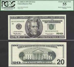$20 1999 FRN Engraving Error District Designator Font Variance PCGS Ch Ab New 55 - Picture 1 of 1