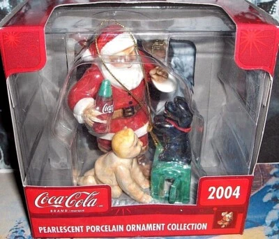 Santa With Boy And Dog`2004`Pearlescent  Porcelain-Christmas Tree Ornament - Image 1 of 4