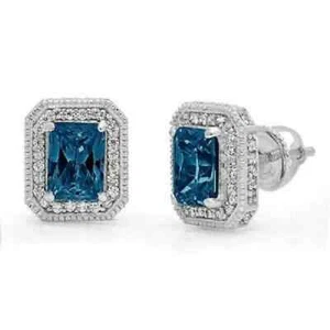 4Ct Emerald Cut London Blue Topaz Halo Stud Earrings 14k White Gold FN - Picture 1 of 2