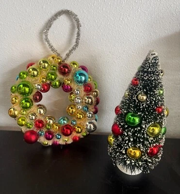 Set Of 9" Bottlebrush Christmas Tree with ball ornaments and 7" Ornament Wreath - Image 1 of 4