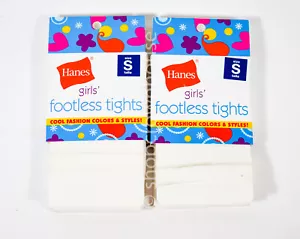 2 Hanes Girls Footless Cool Fashion Tights WHITE Size SMALL - Weight 36-54lbs - Picture 1 of 2