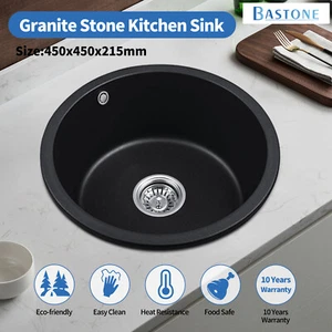 Black Granite Stone Single Bowl Round Kitchen Sink Under/Topmount Overflow 450mm - Picture 1 of 5