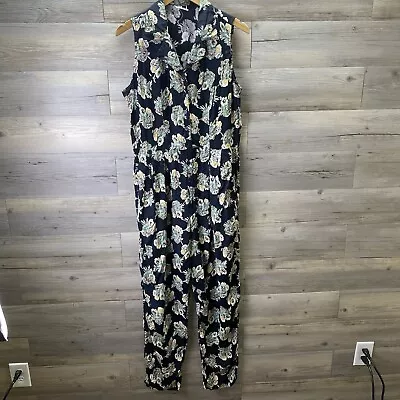 Macacão Romper Feminino Vintage NOS Phool Preto Cinza Floral Relaxado Baggy Tamanho LG - Imagem 1 de 4