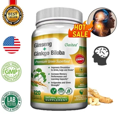 DAITEA Ginseng + Ginkgo Biloba für Gehirnfunktion, Durchblutung Vegane Kapseln