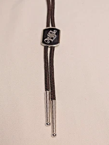 Vntg S bolo initial black silver tone brown cord adjustable neck tie accessory - Picture 1 of 4
