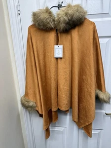 Franchetti Bond Suede With Faux Fur Trim Poncho One Size - Picture 1 of 5