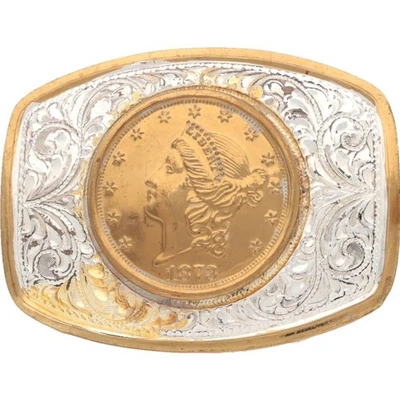 New Silver P Faux 1873 Liberty Head $20 Gold Coin Western Vintage Belt Buckle - Image 1 of 4