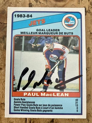 Tarjeta autografiada PAUL MacLEAN 1984-85 O-Pee-Chee JETS GOAL LEADER OPC Foto 1 de 2