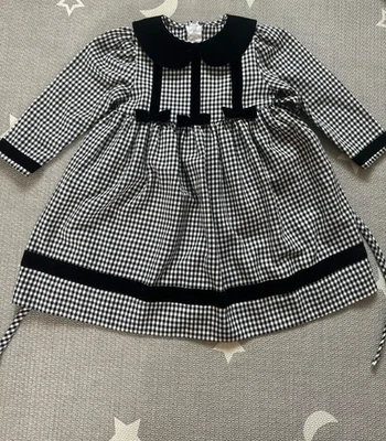 Vestido De Colección Niñas 4T Negro Blanco Lazos de Guinga Terciopelo Vacaciones Otoño CottageCore Foto 1 de 4
